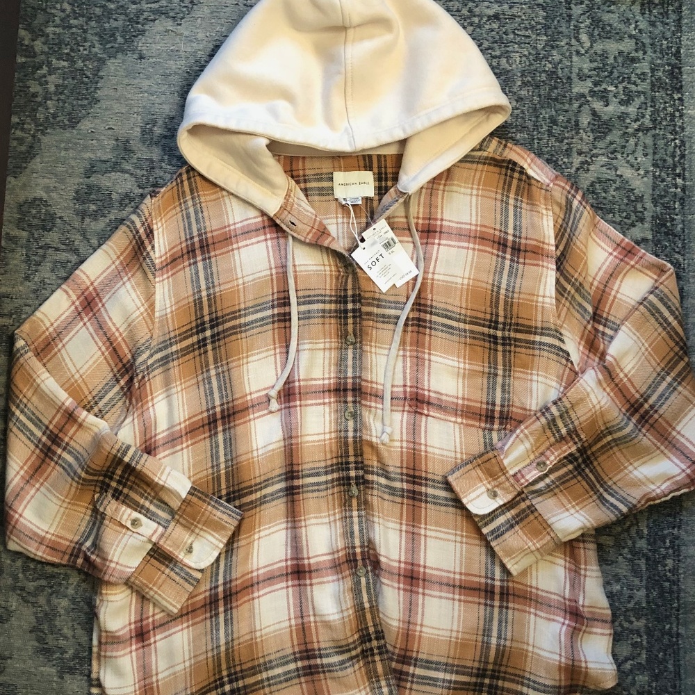 American Eagle Outfitter, Soft Flannel Button up Shirt Hoodie, Yellow, size XL